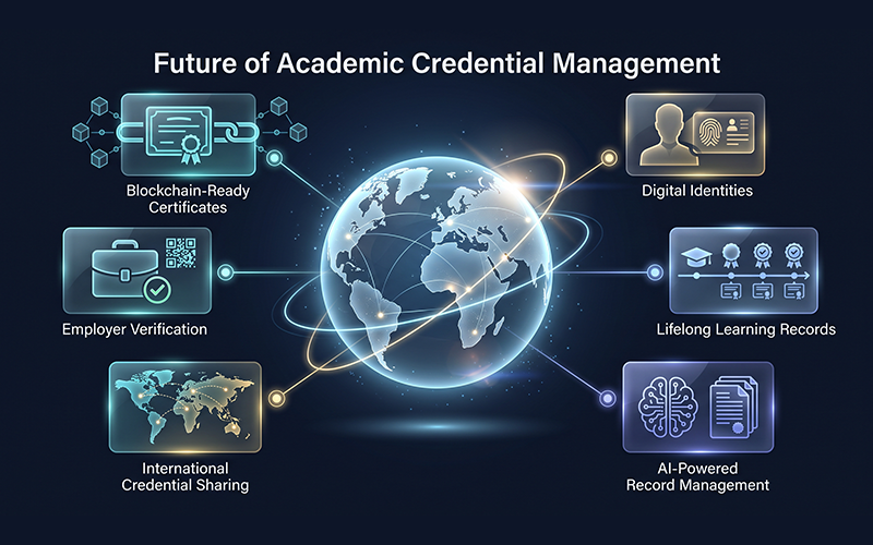 Illustrate a futuristic university credential platform featuring blockchain-ready certificates, digital identities, lifelong learning records, AI-powered record management, international credential sharing, and employer verification. The image should represent secure, globally recognized academic credentials.
