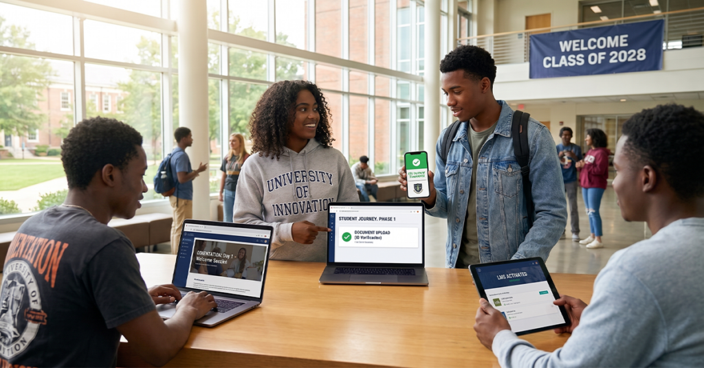 Show newly admitted students beginning their university journey through a modern digital onboarding platform. Display students completing admission tasks, document uploads, fee payments, orientation, and LMS activation using laptops and mobile devices. The image should represent a smooth and engaging first-year student experience.