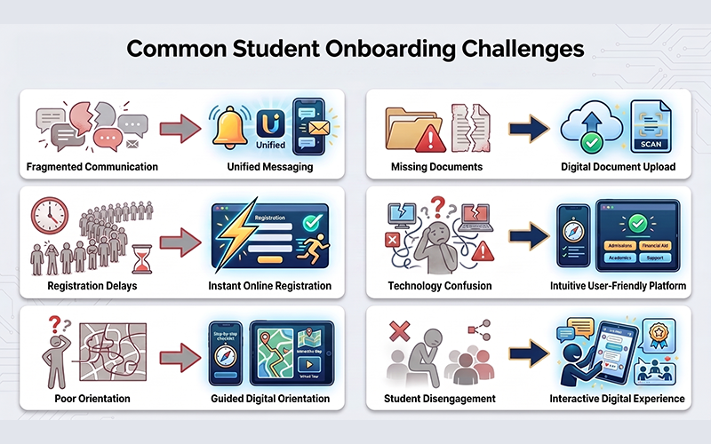 Design an educational infographic highlighting onboarding challenges such as fragmented communication, missing documents, registration delays, manual processes, poor orientation, technology confusion, and student disengagement. Pair each challenge with simple solution icons to emphasize a better digital onboarding process.