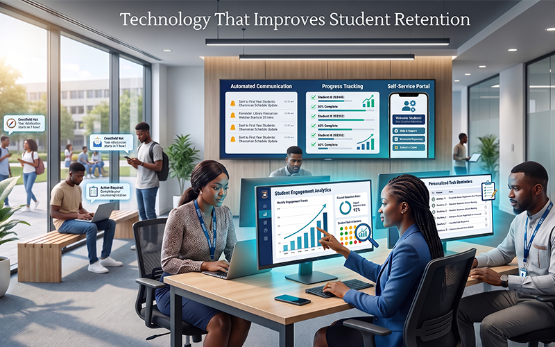 Show university staff using a student onboarding platform with automated communication, personalized task reminders, digital orientation, progress tracking, self-service portals, and student engagement analytics. The image should demonstrate how technology keeps students connected throughout their first 90 days.