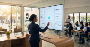 Show a modern school, college, or university managed through one connected digital platform. Display administrators using a central dashboard that links admissions, student records, classrooms, learning, examinations, communication, and reports. Include teachers and students using laptops and tablets. The image should communicate a seamless digital campus rather than separate software tools.