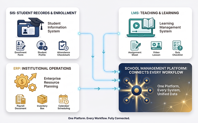 Create a comparison infographic showing four connected systems: SIS – Student Records & Enrollment LMS – Teaching & Learning ERP – Institutional Operations School Management Platform – Connects Every Workflow Use a clean comparison layout with icons and show how the systems integrate instead of working independently.