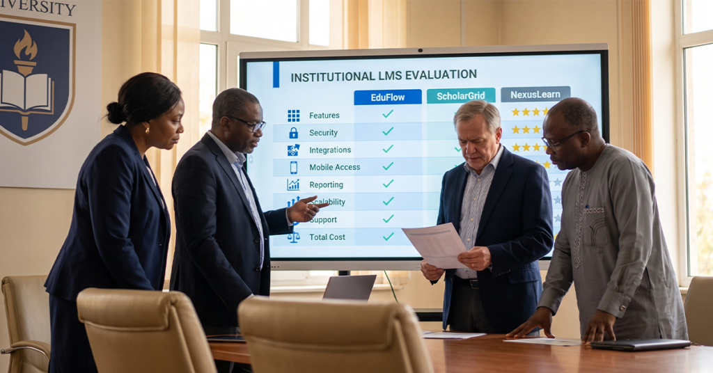 Show university or school leaders comparing LMS platforms on a large digital dashboard. Display evaluation areas such as features, security, integrations, mobile access, reporting, scalability, support, and total cost. The visual should feel like an institutional procurement decision.