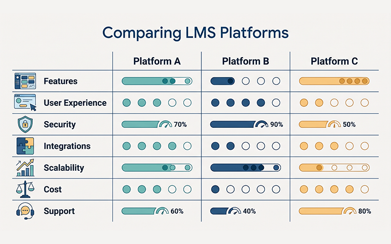 Create a side-by-side LMS comparison showing institutions evaluating platforms based on: Features → User Experience → Security → Integrations → Scalability → Cost → Support Avoid showing fake vendor names or specific rankings. The purpose is to demonstrate how institutions should compare platforms.