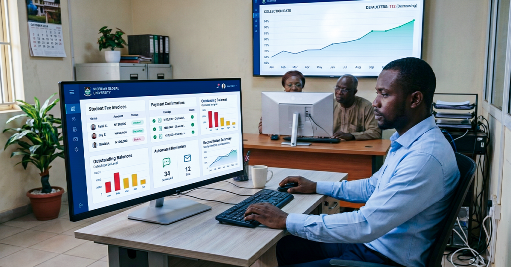 Show a Nigerian school or university finance team managing student payments through a digital dashboard. Display fee invoices, payment confirmations, outstanding balances, automated reminders, receipts, and reconciliation in one system. The main idea should be moving from manual fee follow-up to an automated payment management workflow.