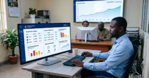 Show a Nigerian school or university finance team managing student payments through a digital dashboard. Display fee invoices, payment confirmations, outstanding balances, automated reminders, receipts, and reconciliation in one system. The main idea should be moving from manual fee follow-up to an automated payment management workflow.