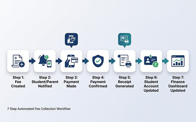 Create a simple workflow: Fee Created → Student/Parent Notified → Payment Made → Payment Confirmed → Receipt Generated → Student Account Updated → Finance Dashboard Updated Use clear arrows and simple payment icons.