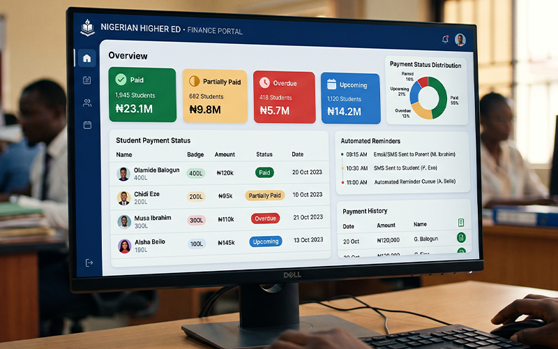 Show a finance dashboard highlighting paid, partially paid, overdue, and upcoming student payments. Include automated reminders and payment history to demonstrate structured fee follow-up rather than manual chasing.