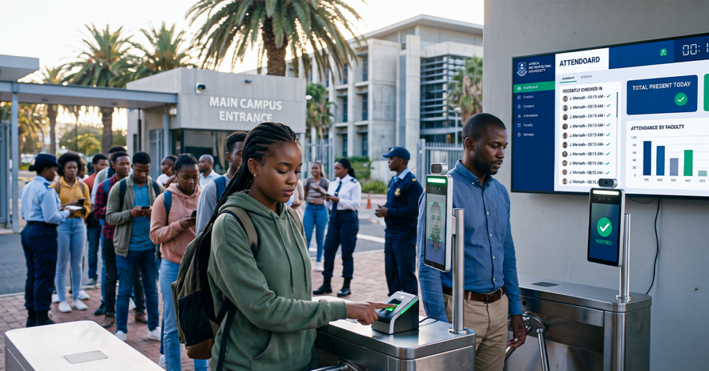 Show African university students and staff checking into a campus using a biometric attendance system. Include a fingerprint scanner and facial recognition device connected to a digital attendance dashboard showing real-time attendance records. The main focus should be accurate identity verification and attendance tracking.