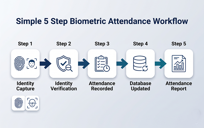 Create a simple workflow: Identity Capture → Identity Verification → Attendance Recorded → Database Updated → Attendance Report Use fingerprint and facial recognition icons to explain the process visually.