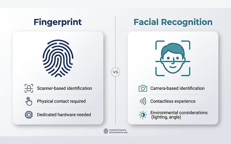 Create a simple side-by-side comparison showing: Fingerprint → Scanner-based identification, physical contact, dedicated hardware Facial Recognition → Camera-based identification, contactless experience, environmental considerations Keep the comparison neutral without suggesting one is always better.