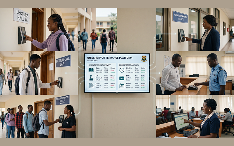 Show two use cases within one educational environment. Students → Classes, labs, examinations, campus activities Staff → Work hours, shifts, time tracking, attendance records Use separate student and staff visuals connected to the same attendance platform.
