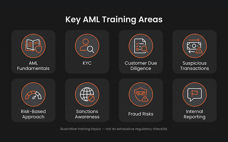 Create an infographic showing the main AML training areas: AML Fundamentals KYC Customer Due Diligence Suspicious Transactions Risk-Based Approach Sanctions Awareness Fraud Risks Internal Reporting Keep it educational and avoid presenting the list as a complete regulatory requirement.