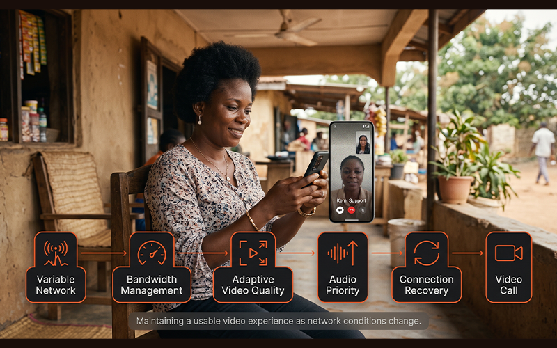 African fintech customer using a smartphone in a location with limited connectivity. Visually represent: Variable Network → Bandwidth Management → Adaptive Video Quality → Audio Priority → Connection Recovery → Video Call Keep the visual focused on maintaining a usable video experience when network conditions change.