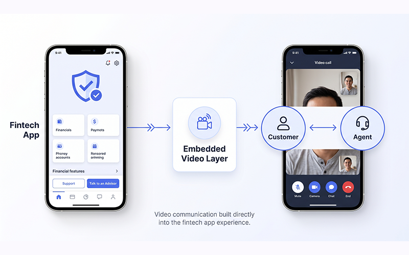 StudioApp Lite Mode as a lightweight video communication layer connected to a fintech application. Illustrate: Fintech App → StudioApp Video → Customer ↔ Agent Highlight lightweight video, low-bandwidth use, and embedded communication. Only show technical capabilities that are confirmed in the current StudioApp documentation.