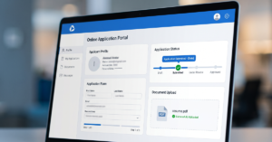 Show a modern digital application portal displayed on a large laptop or desktop screen. The interface should show an applicant profile, application form, document upload section, application status and a clear “Submitted” status. Around the screen, subtly show different types of applicants such as a student, job applicant and programme applicant to communicate that the platform serves education, business and government use cases. Clean corporate technology style, professional blue and white interface, minimal background, no excessive text.