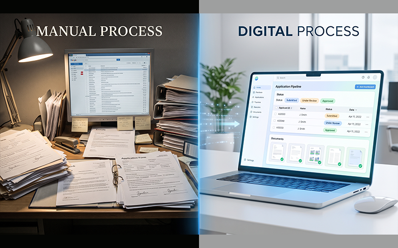 Create a split-screen comparison. Left side: messy manual application process with paper forms, email attachments, spreadsheets and folders scattered across a desk. Right side: a clean digital dashboard showing centralized applications, uploaded documents, application statuses and automated notifications. The contrast should immediately communicate the shift from fragmented manual administration to organized digital application management.
