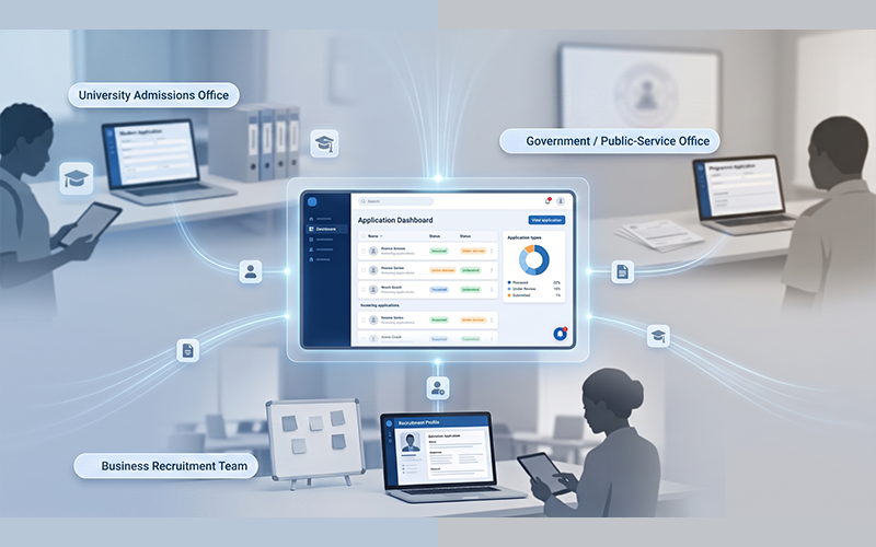 Show one central digital application platform connecting three environments: a university admissions office, a government/public-service office and a business recruitment team. Each environment should send applications into one centralized digital dashboard. Include subtle visual cues such as student applications, scholarship forms, recruitment profiles and programme applications. Keep the image conceptual and avoid showing any specific government logo.