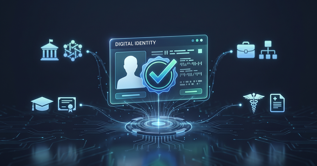 Create a sophisticated digital identity verification scene showing a person's digital identity being securely verified through a central system. The main visual should be a human profile or digital identity card connected to verified records, with a clear verification check symbol. In the background, subtly show government services, education records and workforce databases connected through secure digital infrastructure. Professional government technology aesthetic, clean, trustworthy and modern.