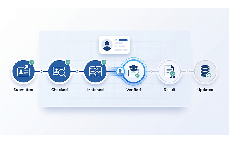 a simple visual workflow: Identity Submitted → Identity Checked → Records Matched → Credential Verified → Result Returned → Record Updated. Use a central digital identity profile moving through each stage. Include icons for identity documents, database matching, academic credentials, verification and secure records. Make the sequence extremely easy to follow.