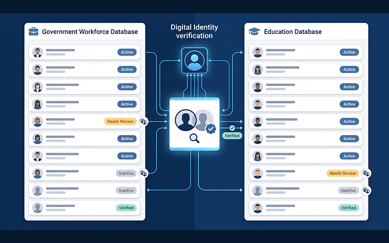 a conceptual split-screen. On one side, show a government workforce database containing multiple employee records, with duplicate or inactive profiles highlighted. On the other side, show an education database with student records and duplicate/inactive profiles. In the centre, show a digital identity verification system matching records and identifying which profiles are genuine. Keep the concept professional and factual, without showing exaggerated fraud imagery.
