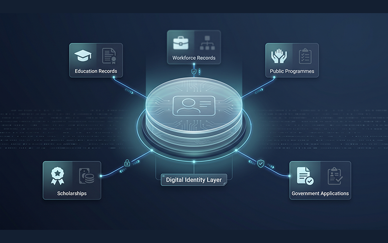 a wide digital infrastructure visual showing a central identity layer connecting multiple public services: education records, workforce records, scholarships, public programmes and government applications. Use secure connections between the systems, with access-control symbols and audit trails visible subtly in the background. The image should communicate that digital identity is infrastructure connecting multiple government services, not just a standalone verification tool. Use secure connections between the systems, with access-control symbols and audit trails visible subtly in the background. The image should communicate that digital identity is infrastructure connecting multiple government services, not just a standalone verification tool.