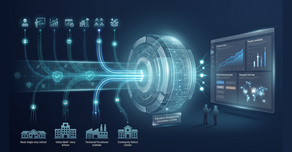 a wide, premium conceptual illustration showing a large education system feeding into one centralized Education Management Information System (EMIS). Across the bottom, show diverse schools and education institutions from different regions, each generating different types of data — students, teachers, enrollment, attendance, infrastructure, classrooms and resources. These data streams should flow digitally into a large centralized EMIS platform in the centre. On the right, show government education decision-makers viewing a clean dashboard with enrollment trends, teacher availability, school infrastructure and geographic insights. The composition should visually communicate: Schools → Data Collection → Validation → Centralized EMIS → Government Decisions Make the technology infrastructure the hero, rather than focusing on people. Use a sophisticated global government-tech aesthetic with digital networks, dashboards and data layers. No country flags or country-specific visual cues.