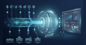 a wide, premium conceptual illustration showing a large education system feeding into one centralized Education Management Information System (EMIS). Across the bottom, show diverse schools and education institutions from different regions, each generating different types of data — students, teachers, enrollment, attendance, infrastructure, classrooms and resources. These data streams should flow digitally into a large centralized EMIS platform in the centre. On the right, show government education decision-makers viewing a clean dashboard with enrollment trends, teacher availability, school infrastructure and geographic insights. The composition should visually communicate: Schools → Data Collection → Validation → Centralized EMIS → Government Decisions Make the technology infrastructure the hero, rather than focusing on people. Use a sophisticated global government-tech aesthetic with digital networks, dashboards and data layers. No country flags or country-specific visual cues.