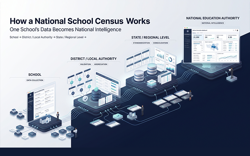 visual data-flow map showing information moving through four levels: School → District / Local Authority → State / Regional Level → National Education Authority At the school level, show digital forms being completed with enrollment, teacher and infrastructure information. As the data moves upward, show validation, aggregation and standardization taking place at each stage. Finish with a national dashboard displaying the consolidated education picture. Use connected digital nodes rather than a literal geographic map. The emphasis should be on data aggregation and validation, not geography.