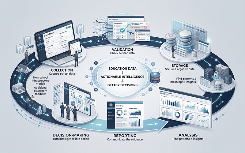 visual representations for each stage. For example: Digital school form for Collection Duplicate/error detection for Validation Secure database for Storage Analytics dashboard for Analysis Government report for Reporting Policy/budget/infrastructure decision for Decision-Making At the end, show the resulting decisions feeding back into the education system. The visual should communicate that data only becomes valuable when governments can turn it into actionable intelligence.
