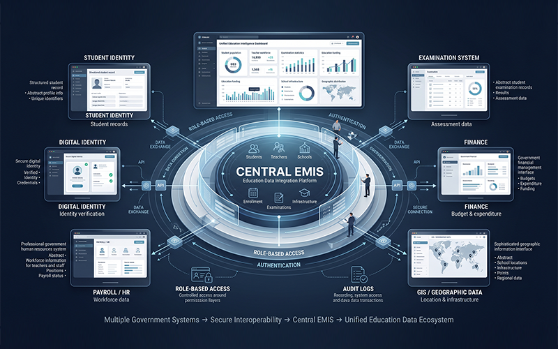 a central EMIS platform connected to multiple government systems: Student Identity | Digital Identity | Payroll/HR | Examination System | Finance | GIS / Geographic Data Show secure API/data connections between each system and the central education data platform. Add subtle security layers such as role-based access, authentication, audit logs and protected records. The visual should communicate interoperability — different government systems sharing relevant information rather than operating as disconnected databases.