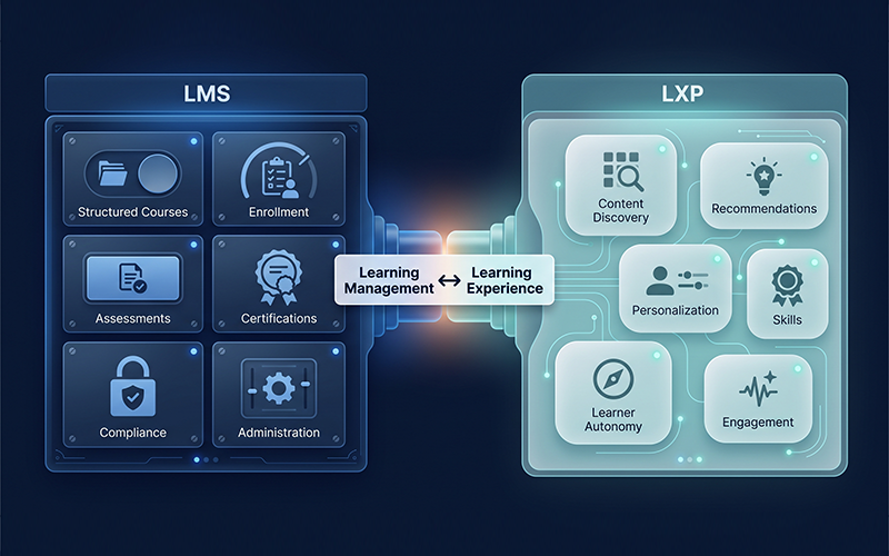 LMS vs LXP, a clean visual comparison using two interconnected digital control panels. LMS panel: Structured Courses | Enrollment | Assessments | Certifications | Compliance | Administration LXP panel: Content Discovery | Recommendations | Personalization | Skills | Learner Autonomy | Engagement Place a central label between them: “Learning Management” ↔ “Learning Experience”