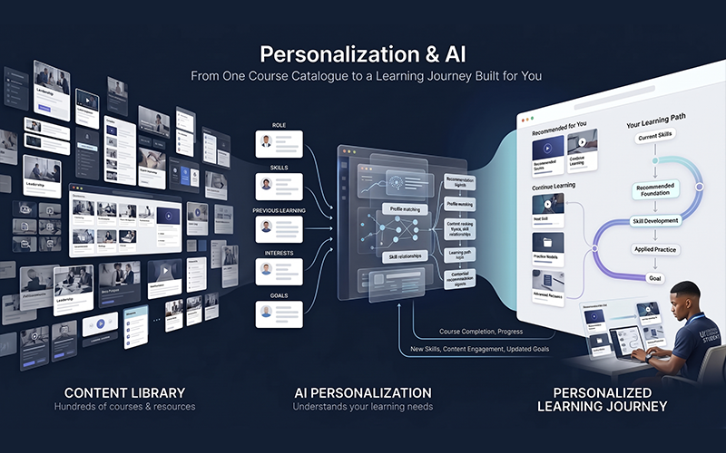 a learner surrounded by a large digital content library containing hundreds of courses, videos, articles and learning resources. Instead of presenting everything equally, an intelligent AI layer analyses: Role + Skills + Previous Learning + Interests + Goals and produces a personalized learning feed with recommended content and learning paths. Show the transformation visually: Massive Content Library → AI Personalization → Relevant Learning Journey
