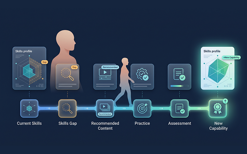 a professional's digital skills profile showing several completed skills and a few clearly identified gaps. The platform detects the gaps and creates a personalized pathway: Current Skills → Skills Gap → Recommended Content → Practice → Assessment → New Capability Show the learner progressing through the pathway, with the skills profile becoming stronger along the way.