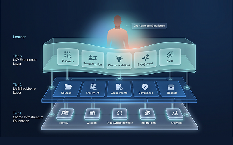 an architectural-style illustration showing the LMS as the operational backbone and the LXP as the learner-facing experience layer. The LMS handles: Courses | Enrollment | Assessments | Compliance | Records The LXP handles: Discovery | Personalization | Recommendations | Engagement | Skills Connect both through shared infrastructure such as Identity, Content, Data Synchronization, Integrations and Analytics. At the front, show the learner receiving a seamless personalized experience.