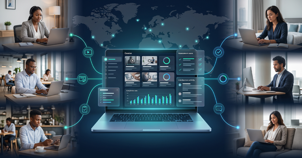 Show a global team of employees working from different locations and connecting through one digital learning platform. In the centre, show a laptop/dashboard displaying a training programme with courses, progress, assessments, and employee learning activity. Connect the different employees to the same platform to show how companies can provide consistent training across remote and hybrid teams. remote employee training