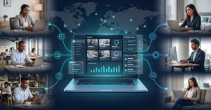 Show a global team of employees working from different locations and connecting through one digital learning platform. In the centre, show a laptop/dashboard displaying a training programme with courses, progress, assessments, and employee learning activity. Connect the different employees to the same platform to show how companies can provide consistent training across remote and hybrid teams. remote employee training