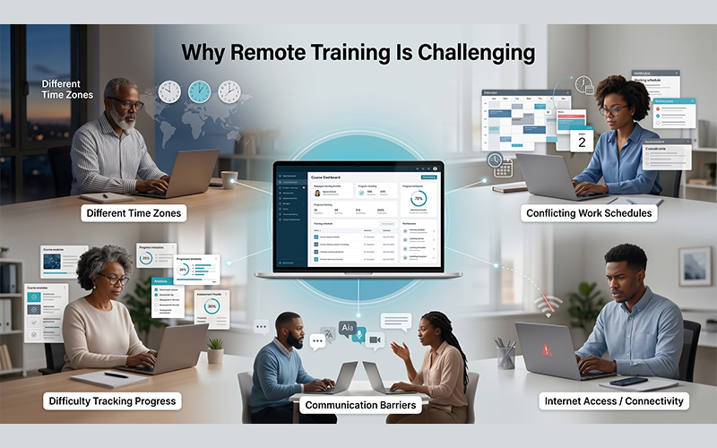 Create a visual showing remote employee training facing common training challenges such as different time zones, work schedules, internet access, communication barriers, and difficulty tracking progress. Place these challenges around a central digital learning platform to show how technology can bring everything together.