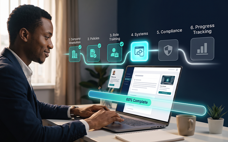 Show a new employee completing a digital onboarding programme on a laptop. Display steps such as Company Orientation → Policies → Role Training → Systems → Compliance → Progress Tracking. Include a progress bar showing the employee moving through the onboarding journey.remote employee training