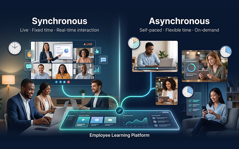 a simple side-by-side visual comparison. Synchronous: employees attending a live virtual training session together, with a fixed time and real-time interaction. Asynchronous: employees learning independently through recorded lessons, courses and assessments at different times. Show both approaches connecting to the same employee learning platform, communicating that companies can use both methods together.