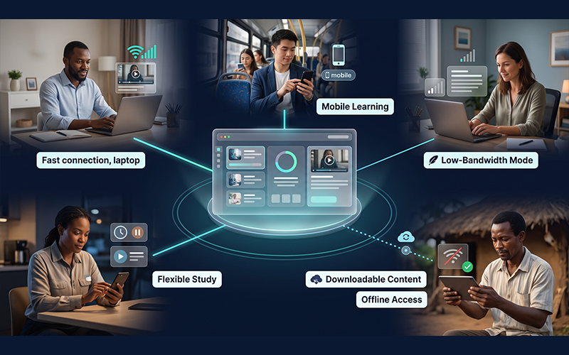 employees in different locations accessing the same learning content through laptop and mobile devices. Include visual indicators for mobile learning, downloadable content, offline access, low-bandwidth learning, and flexible study. Keep the focus on making learning accessible even when employees have different connectivity conditions.