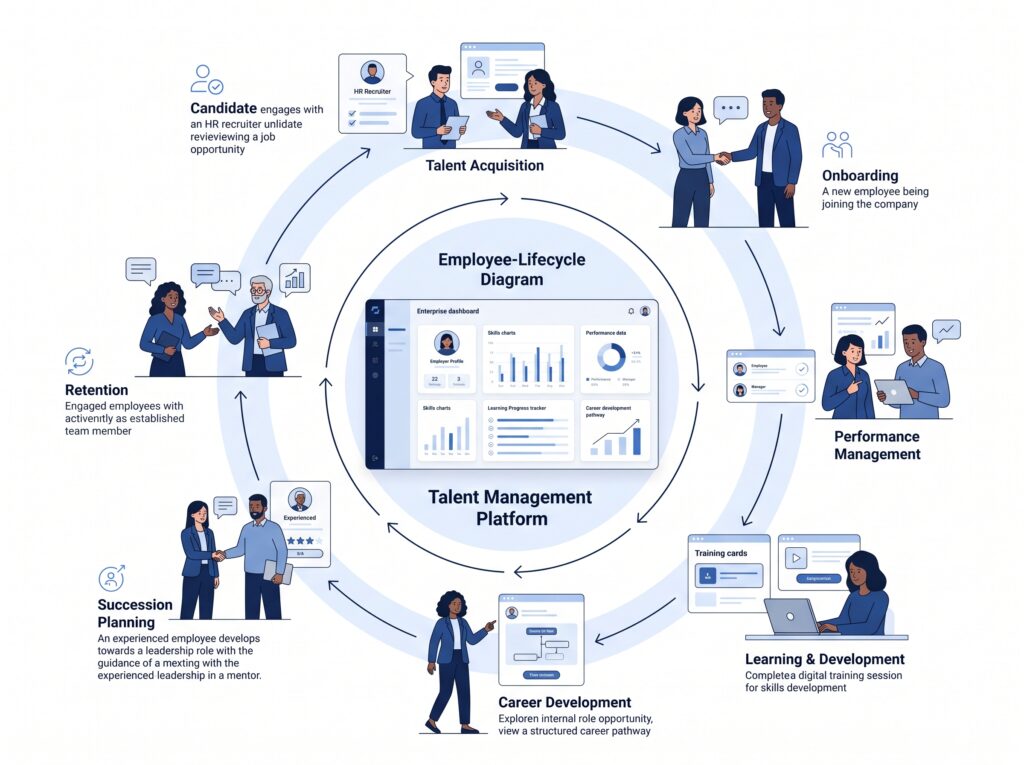a dynamic circular employee-lifecycle diagram with a diverse group of employees moving through Talent Acquisition → Onboarding → Performance Management → Learning & Development → Career Development → Succession Planning → Retention. At each stage, show a realistic workplace action: joining a company, setting goals, completing training, receiving feedback, exploring an internal role and developing toward leadership. Make it feel like one connected enterprise system rather than seven separate processes. talent management software