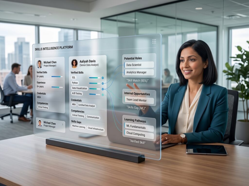 a modern skills-intelligence visual showing an HR leader viewing structured employee and candidate profiles containing Verified Skills, Experience, Credentials, Competencies and Skills Gaps. Connect these profiles to potential roles, learning pathways and internal opportunities. Include a subtle matching system showing People ↔ Skills ↔ Roles ↔ Learning. The visual should communicate the shift from relying only on job titles and degrees toward using accurate, relevant skills information for workforce decisions talent management software