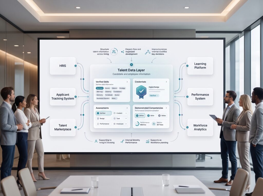 a sophisticated enterprise HR technology architecture showing HRIS, Applicant Tracking System, Learning Platform, Performance System, Talent Marketplace and Workforce Analytics connected through a central talent-data layer. In the centre, show structured candidate information containing Verified Skills, Credentials, Assessments and Demonstrated Competencies feeding into hiring and talent-management decisions. Keep the visual product-neutral but make the verified-data concept prominent. The message should be that reliable talent information can complement existing HR systems rather than replace the entire HR stack. talent management software